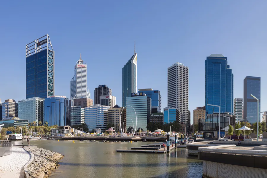 Perth's city skyline across the water from Elizabeth Quay