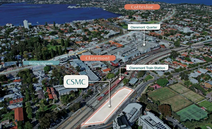 Aerial view of Claremont showing the site next to the train station, with Cottesloe and the Swan River nearby