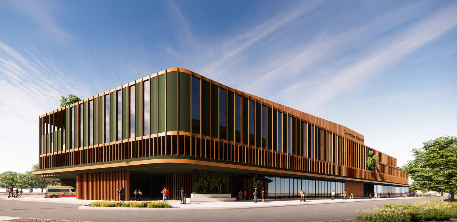 Artist's impression of the corner of the building, with timber battens wrapping the upper floors